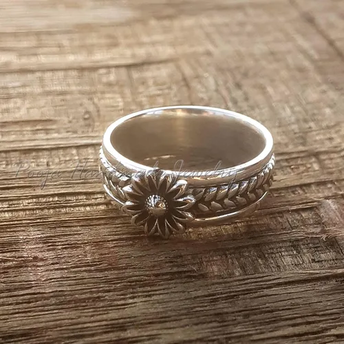 Miniatura 2 de Anillo giratorio de girasol para mujer, anillo para ansiedad, anillo natural, anillo giratorio de flores, anillo de ansiedad, anillo de banda ancha
