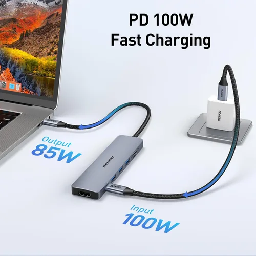 Miniatura 6 de BENFEI USB C HUB 7 en 1 con HDMI (4K a 60 Hz, certificado), entrega de energía de 100 W, 3 USB 3.0, lector de tarjetas SD/TF (160 MB/s) compatible