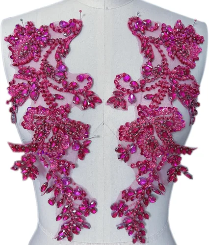 Miniatura 14 de Apliques de cuentas y diamantes de imitación hechos a mano para coser en parche de encaje de cristal, 1 par para ropa de bricolaje, vestido de Plata
