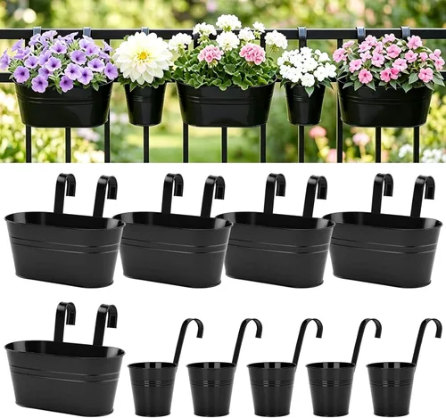 Miniatura 12 de KINGLAKE Macetas de flores, 10 macetas de metal para colgar en hierro, balcón, jardín, plantas, cestas para vallas, 4 pulgadas, soportes para flores