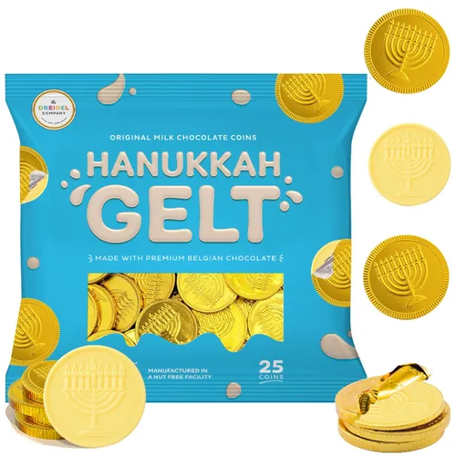 Miniatura 7 de The Dreidel Company Monedas de chocolate con leche blanca, paquete de 200 monedas de papel de aluminio dorado con diseño de Hanukkah Gelt, Menorá