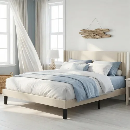 Miniatura 4 de Gizoon Base de cama matrimonial con cabecera de ala, plataforma tapizada con cabecera geométrica moderna, listones de madera, sin ruido, no necesita