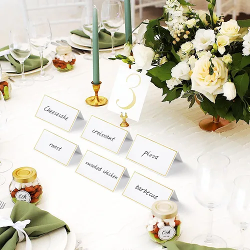 Miniatura 2 de 120 piezas de tarjetas de lugar, tarjeta de asiento de 2x3.5 pulgadas en blanco rellenable para banquete con marco de lámina dorada para mesa