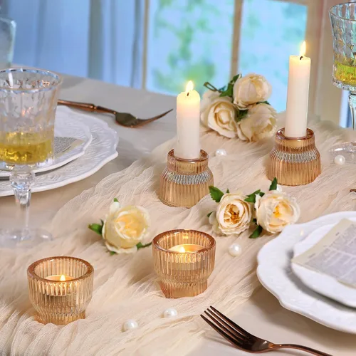 Miniatura 5 de HAVITI Paquete de 12 portavelas cónicos dorados, portavelas de cristal, candelabros de té para centros de mesa de boda de otoño, decoración de mesa
