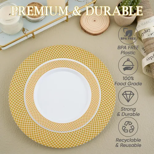Miniatura 4 de FOCUSLINE Juego de 102 platos de plástico dorados desechables con borde de rejilla dorada, 51 platos llanos de 10 pulgadas y 51 platos de ensalada
