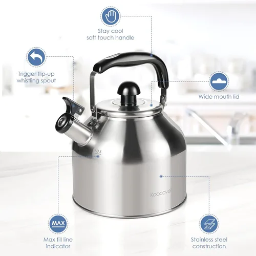 Miniatura 7 de Hervidor de té silbante grande de 4.2 cuartos de galón/4L, acero inoxidable 304 satinado cepillado, hervir rápido para estufas de inducción y gas
