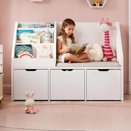 Rincón de lectura para niños de 40 pulgadas con banco, organizador de almacenamiento de juguetes y estantería con cojín de asiento, estantería para