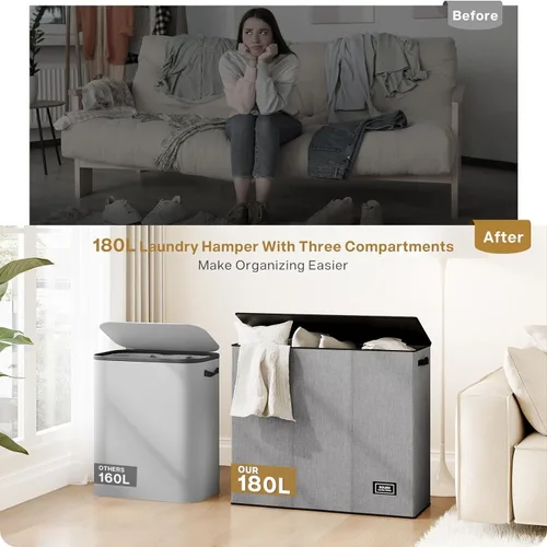 Miniatura 8 de SOLEDI Cesta de ropa sucia de 180L de 3 secciones, cesta de ropa sucia extra grande con tapa, cesta de ropa sucia con asa resistente, organizador