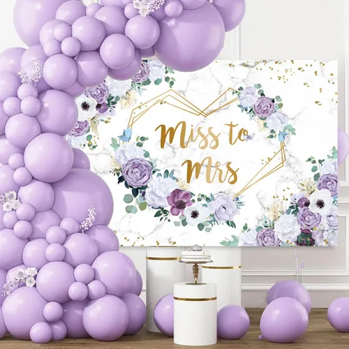 Miniatura 2 de AIBIIN Telón de fondo floral de Miss to Mrs de 7 x 5 pies para despedida de soltera, flores violetas moradas, fondo de fotografía, corazones dorado