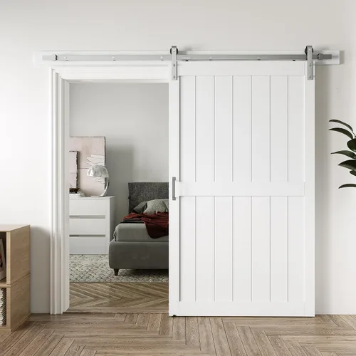 Miniatura 12 de Puerta corrediza de granero MDF de 30 x 80 pulgadas con kit de herrajes para puerta de granero de 5 pies, losa para puerta de granero con superficie
