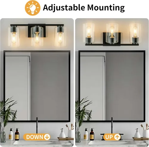 Miniatura 6 de WILON Lámpara de tocador de baño, 3 luces de tocador modernas de color negro claro con apliques de pared de vidrio transparente con vidrio