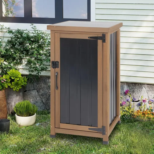 Miniatura 6 de Gabinete de Almacenamiento Pequeño para Exteriores Resistente a la Intemperie, Mesa de Banco de Jardín de Madera para Macetas con Estantes