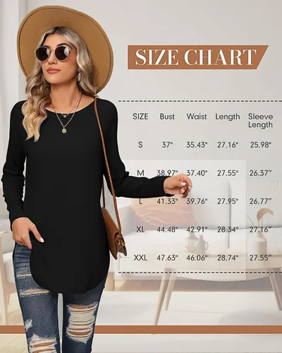 Miniatura 6 de Ficerd 2 Pack Women's Long Sleeve Shirts, Loose Fit Crew Neck Tunic Tops Loose Fit Side Split Basic Pullover Tee Shirts