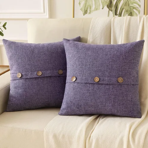 HAUSSY Juego de 2 fundas de almohada decorativas de lino lavanda de 20 x 20 pulgadas, fundas de cojín cuadradas con 3 botones vintage, decoración
