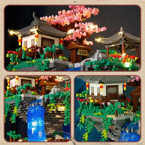 Miniatura 4 de Vziimo Juego de micro bloques de construcción de árbol bonsái de cerezo, arquitectura china, kits de estanque de flor de melocotón, árbol de sakura