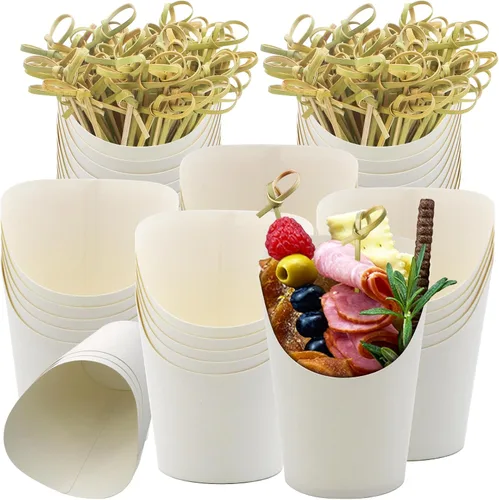 BLUE TOP 30 tazas de papel blanco de 14 onzas con 100 púas de nudo de bambú de 4.7 pulgadas para aperitivos y frutas Púas de brocheta de nudo