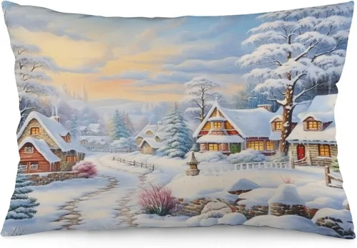 Miniatura 21 de Funda de almohada con escena de pueblo navideño con niños, fundas de almohada de 12 x 20 pulgadas, almohadas decorativas de Navidad para sofá, funda