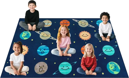 Miniatura 14 de STARUIA Alfombra de aula con cara sonriente de planeta, 5 x 7.6 pulgadas, alfombra educativa circular para aula, preescolar, guardería, alfombra