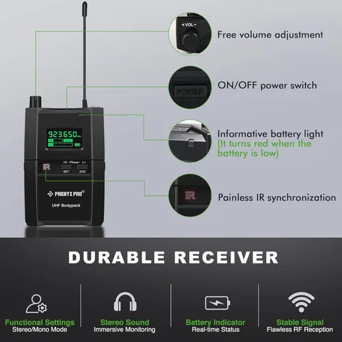 Miniatura 3 de Phenyx Pro PTM-10 Sistema de monitor en el oído, inalámbrico, estéreo, receptor de bodypack, rendimiento con 89 frecuencias ajustables