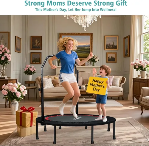 Miniatura 10 de RAVS Mini Trampolín para Niños y Adultos de 40"/48" Plegable de Fitness Reboteador Trampolín para Niños con Manija Ajustable en Altura de 5 Niveles