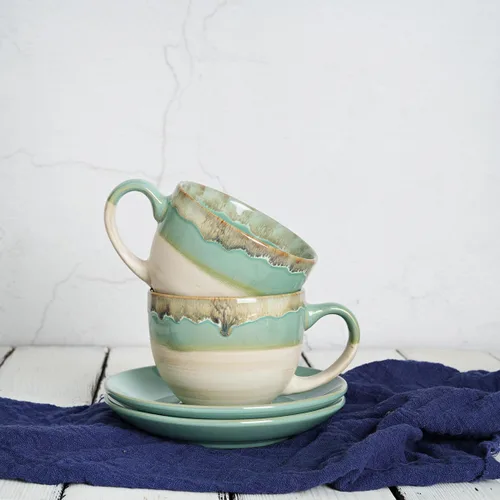 Miniatura 6 de Bosmarlin Juego de 2 Tazas de Capuchino de Cerámica con Platillo, 10 Oz, Tazas de Café para Café con Leche, Espresso, Té, Aptas para Lavavajillas