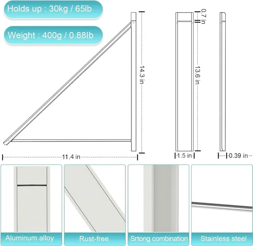 Miniatura 2 de Estante de secado montado en la pared, 65 libras, aluminio, sin taladro, color blanco Wall clothes drying rack folds flat to 0.39 inch. Holds 8-11