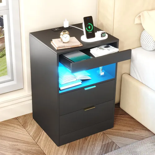 Miniatura 11 de Gadroad - Mesita de noche LED con estación de carga, mesa de noche con 3 cajones y luces LED, mesa auxiliar de sofá con estante extraíble