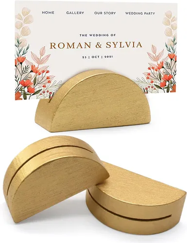 Miniatura 2 de 24 soportes dorados para números de mesa, soporte ligero de madera, diseño semicircular para bodas, fiestas, oficina, restaurante (pequeño)