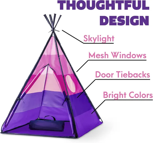 Miniatura 6 de USA Toyz Happy Hut Tienda de campaña tipi para niños, tipi desplegable para interiores, casa de juegos para niños, niñas, niños pequeños con bolsa