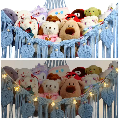 Miniatura 7 de Hamaca de animales de peluche, red de peluche en la esquina para almacenamiento de animales de peluche, red montada en la pared, organizador de Azul