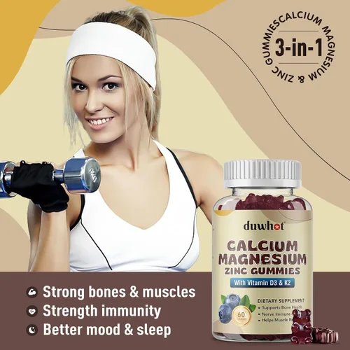 Miniatura 4 de Gomitas de calcio y magnesio y zinc para mujeres, suplemento de calcio masticable de 1000 mg de vitamina D3 y K2, salud ósea y nerviosa, función