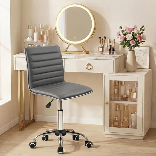 Miniatura 9 de JUMMICO Silla de oficina de tocador sin brazos con ruedas, pequeña y bonita silla de escritorio de maquillaje de cuero acanalado giratoria