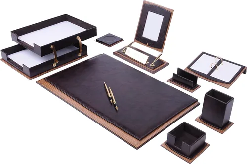Miniatura 11 de Juego de escritorio de cuero, organizador de cuero, juego de escritorio de madera de nogal, producto de oficina, accesorios de escritorio