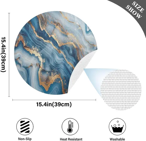 Miniatura 4 de Mantel individual redondo de mármol azul dorado, lavable para mesa de comedor para cocina (talla única x 1)