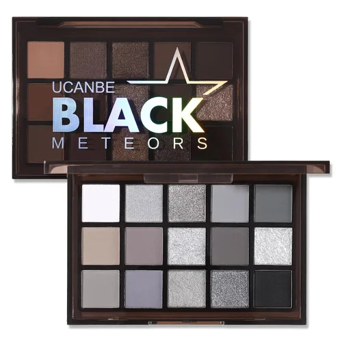 UCANBE Paleta de sombra de ojos ahumada en negro, 15 colores de sombras de ojos oscuras brillantes mate metálicas, kit de sombras de ojos altamente