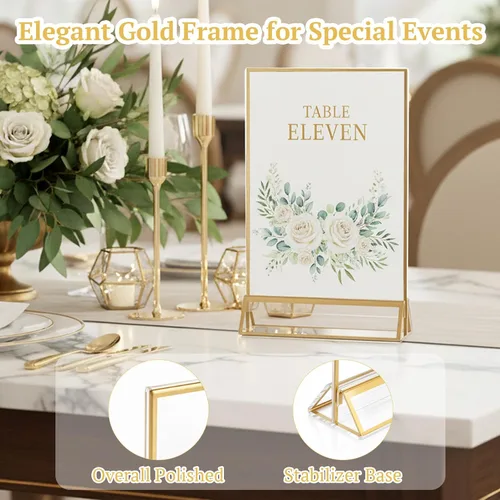 Miniatura 4 de EHWINE Paquete de 12 soportes acrílicos para letreros de 5 x 7 pulgadas, soporte de marco de oro de doble cara, soportes de letreros de mesa