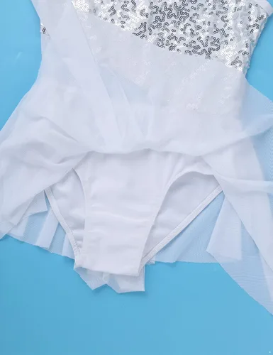 Miniatura 34 de YiZYiF Vestido de baile de lentejuelas para niños y niñas, leotardo de ballet, cuello alto, vestido lírico, traje de rendimiento irregular
