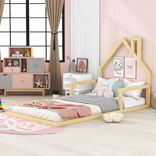 Miniatura 3 de Harper & Bright Designs Cama de piso de casa tamaño individual para niños con cabecero, listones de madera, no necesita somier, natural Natural Con