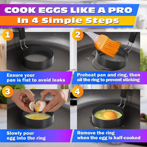 Miniatura 5 de 2 anillos de huevo para freír huevos, molde redondo de acero inoxidable de 2.89 pulgadas, mango plegable, resistente al calor y no deformable