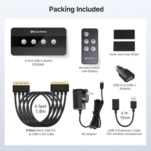 Miniatura 6 de Cable Matters Interruptor USB 3.0 de 4 puertos para compartir 4 computadoras y periféricos USBA incluyendo teclado, mouse y disco duro, con un