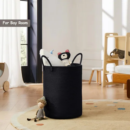 Miniatura 8 de Cesta de lavandería de 62L en negro con cuerda trenzada, cesta de almacenamiento para ropa y mantas, cesta alta y moderna para sala de estar