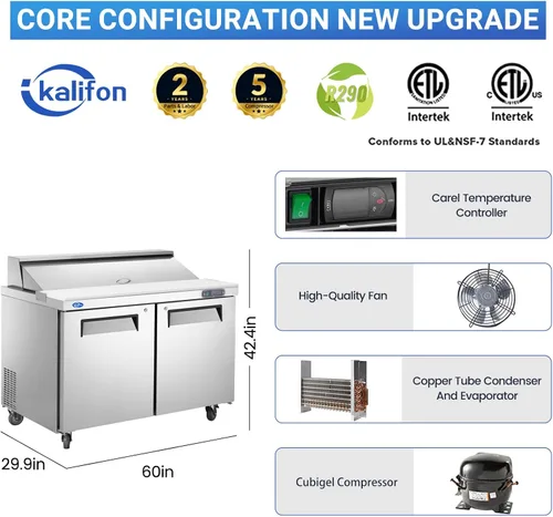Miniatura 5 de Refrigerador comercial de 60" de ancho con mesa para preparar sándwiches/ensalada, 2 puertas, enfriamiento por ventilador de acero inoxidable