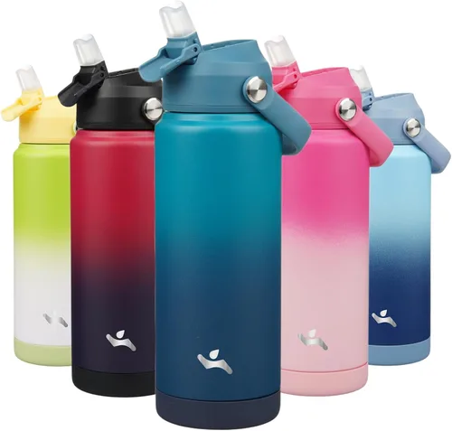 Miniatura 47 de Konokyo Botella de agua aislada con tapa de pajilla, botella de metal al vacío de acero inoxidable de 18 onzas con mango de silicona, color negro