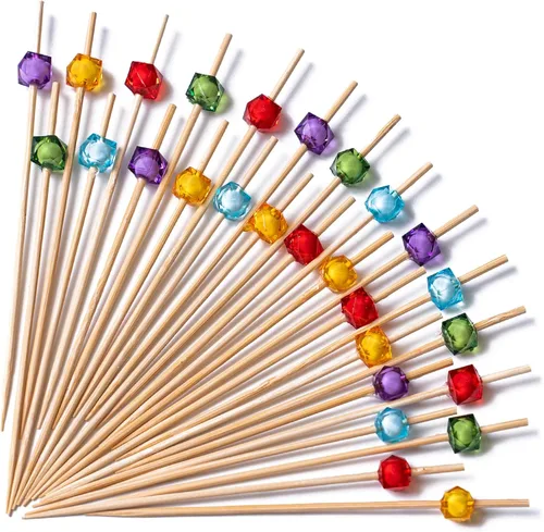 PuTwo palillos de cóctel hechos a mano 300 unidades palillos de cóctel de bambú natural con cuentas cúbicas en los extremos, ecológicos, pinchos