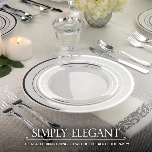 Miniatura 5 de Platos llanos de plástico blanco y plateado de 10.25 pulgadas (paquete de 100) – Juego desechable elegante y resistente para 100 invitados – Boda