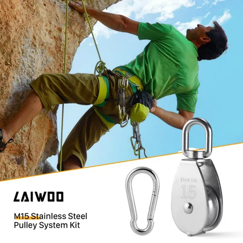 Miniatura 6 de LAIWOO M15 Kit de Sistema de Poleas de Acero Inoxidable - Rueda de Polea de Servicio Pesado, Bloque de Polea con Cuerda de Nylon, Ganchos, Placa