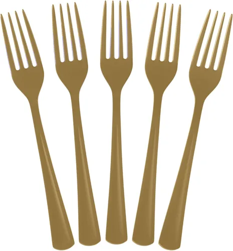Exquisite Tenedores de plástico dorados, 50 piezas, tenedores dorados, utensilios desechables, juego de cubiertos de plástico resistente, juegos de