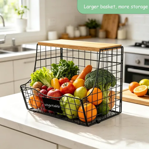 Miniatura 2 de Paquete de 3 cestas de frutas para cocina con tapa de madera - Almacenamiento de cebollas y papas montado en mostrador y pared con placa