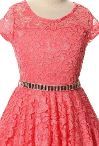 Miniatura 35 de Little Girl - Vestido de niña con manga de encaje y cinturón de piedras