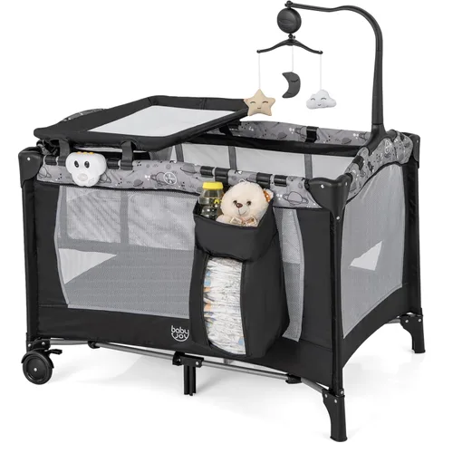 BABY JOY 3 en 1 Pack and Play, Corralito Portátil para Bebé con Moisés, Mesa Cambiadora, Ruedas Bloqueables, Caja de Música Luminosa, Cuna Moisés de
